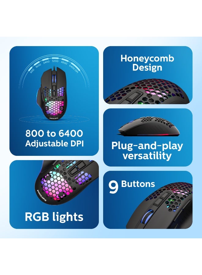 Philips Wired Gaming Mouse – 6400 DPI Optical Sensor, 9 Programmable Buttons, 7-Way RGB Lighting, 6600 FPS, High-Precision Ergonomic Design , Black - Image 2